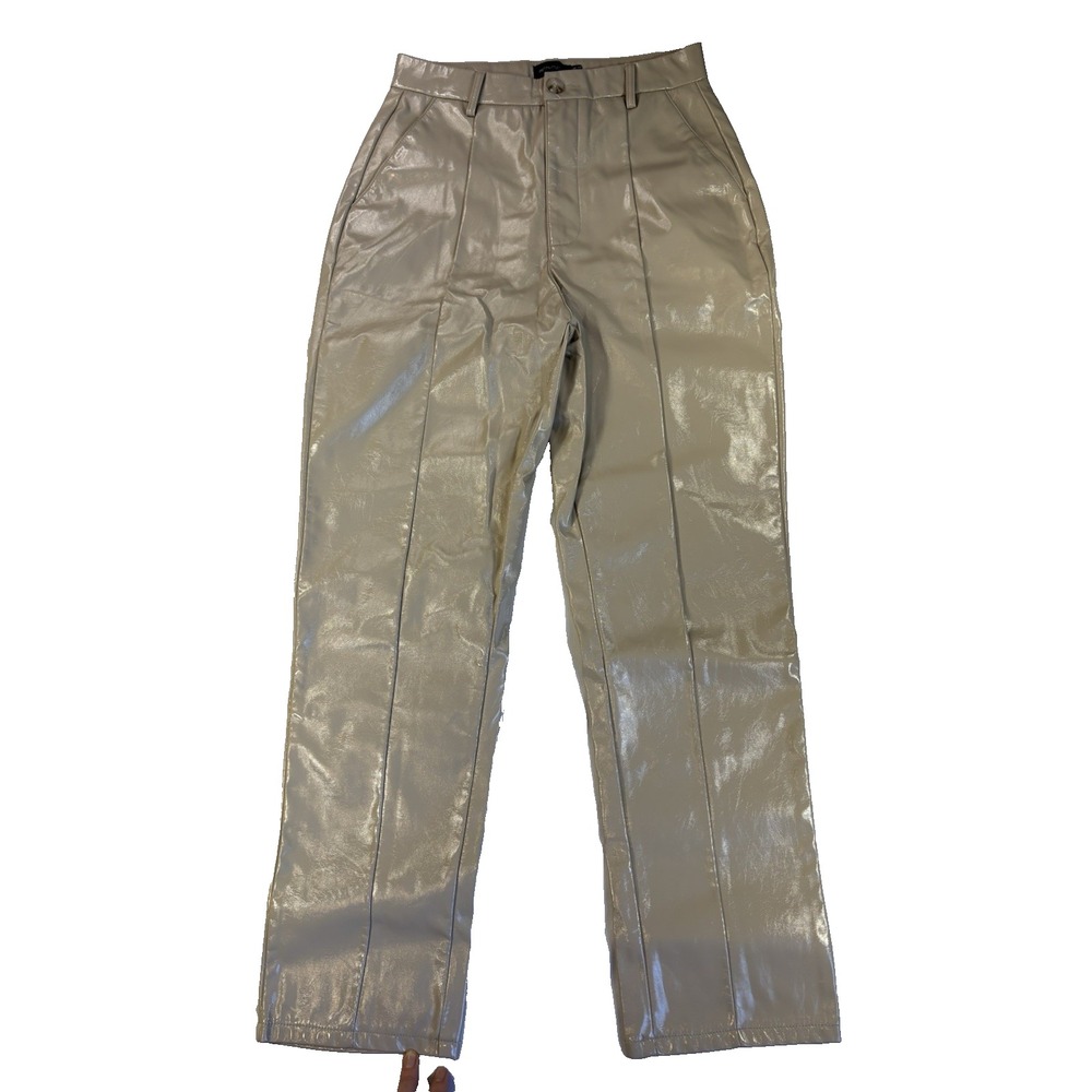 Pretty Little Thing Women's 8 Beige Faux Leather Straight Leg Pants Y2K Coquette
